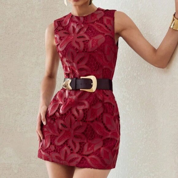 Burgundy Elegant Women's Woven Fabric Floral Embroidery mini Dress - Picture 6 of 7